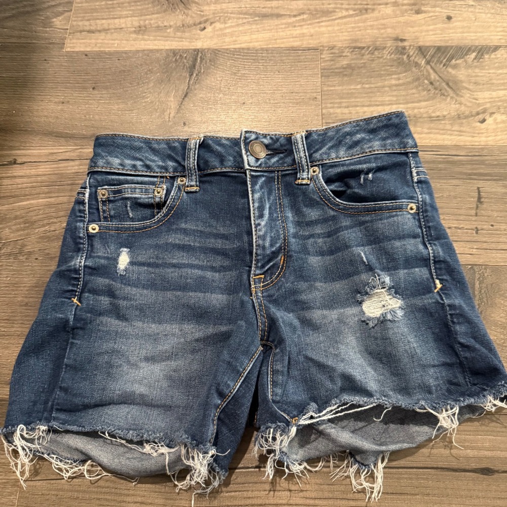 American Eagle Hi-Rise Shortie Denim Shorts Dark Wash Distressed Super Stretch 0 - Picture 2 of 11